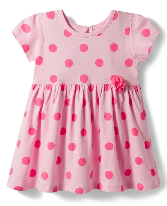 Babyhug Single Jersey Knit Half Sleeves Polka Dot Printed Frock With Bloomer & Headband - Pink
