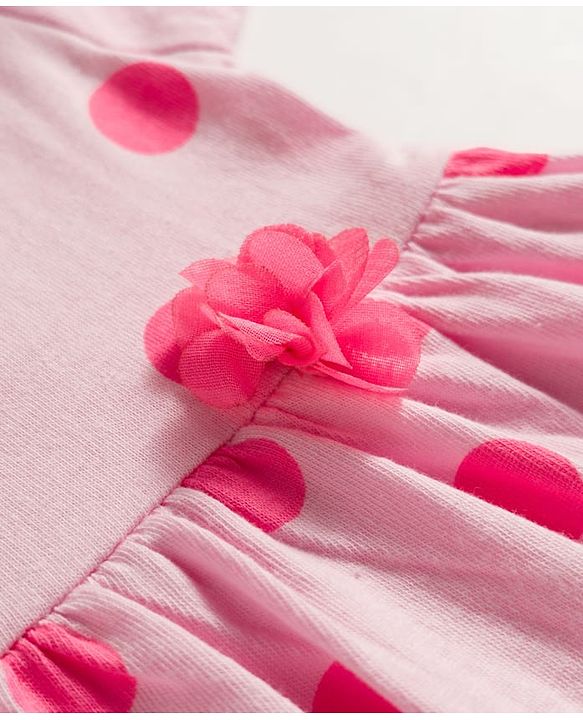 Babyhug Single Jersey Knit Half Sleeves Polka Dot Printed Frock With Bloomer & Headband - Pink