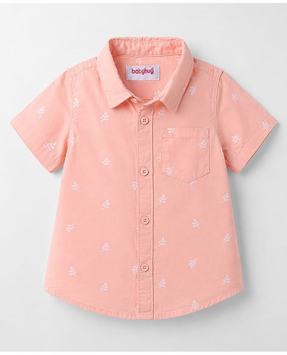 Babyhug Cotton Woven Shirt Half Sleeve Regular Collar Printed Peach 9-12 Months