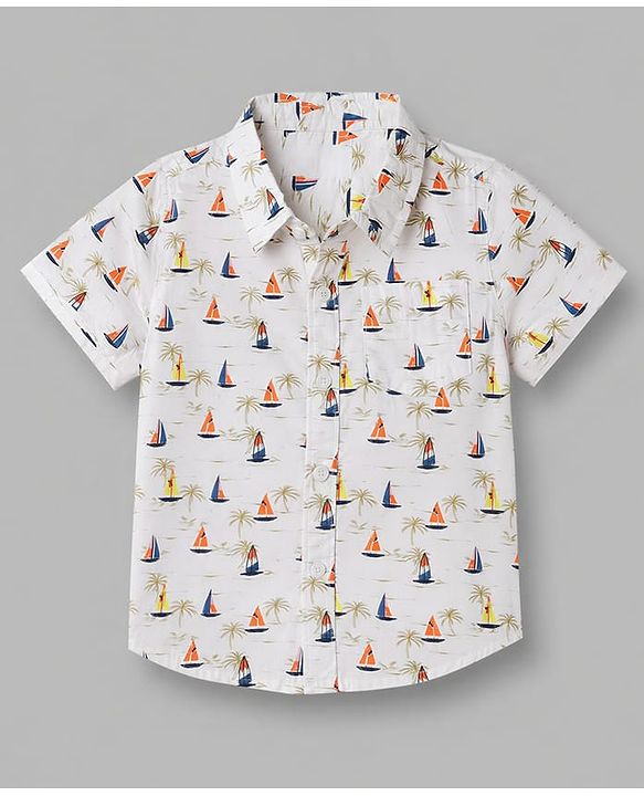Babyhug 100% Cotton Woven Half Sleeves Shirt with Nautical Print - White