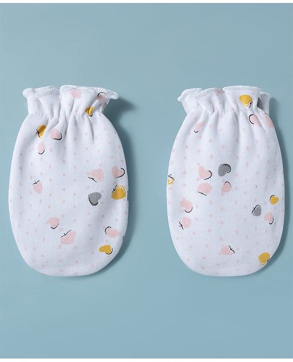 Babyhug 100% Cotton Interlock Knit Mittens & Booties Set With Heart Print - White
