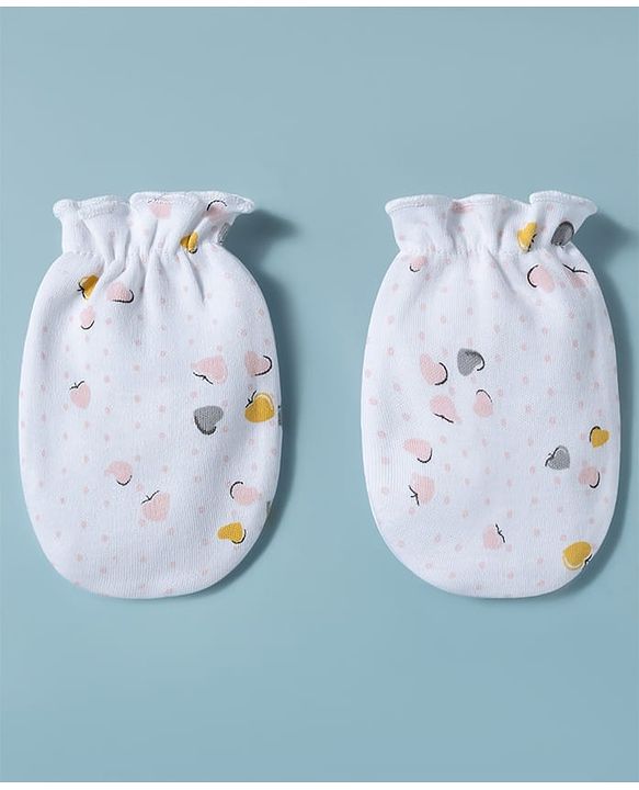 Babyhug 100% Cotton Interlock Knit Mittens & Booties Set With Heart Print - White