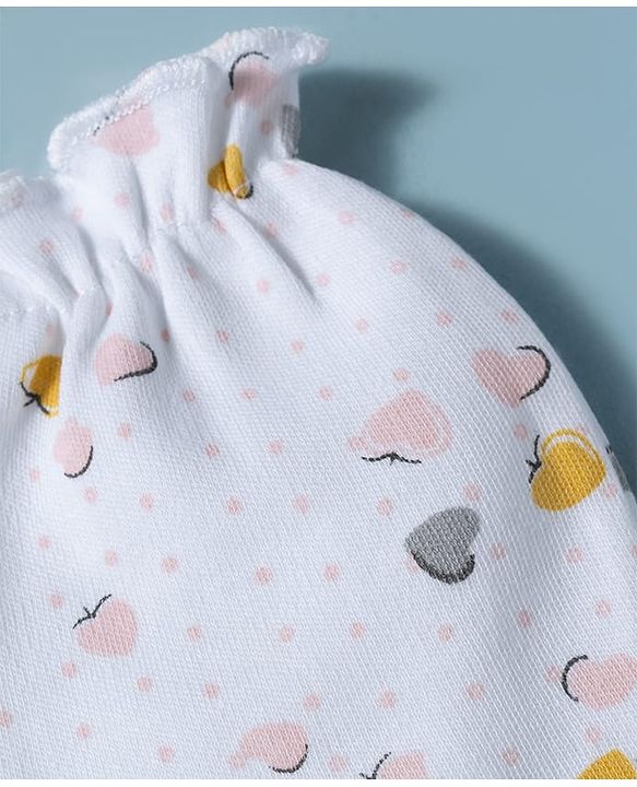 Babyhug 100% Cotton Interlock Knit Mittens & Booties Set With Heart Print - White