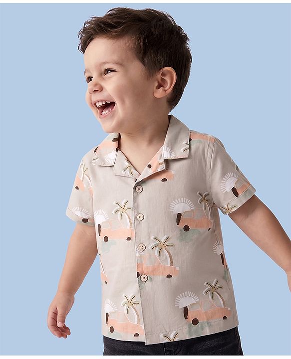 Babyhug 100% Cotton Woven Half Sleeves Shirt with Tropical & Vehicle Print - Light Peach