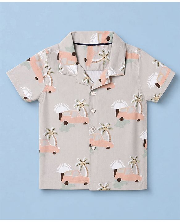 Babyhug 100% Cotton Woven Half Sleeves Shirt with Tropical & Vehicle Print - Light Peach