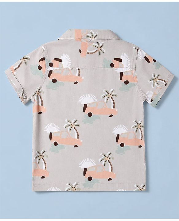 Babyhug 100% Cotton Woven Half Sleeves Shirt with Tropical & Vehicle Print - Light Peach