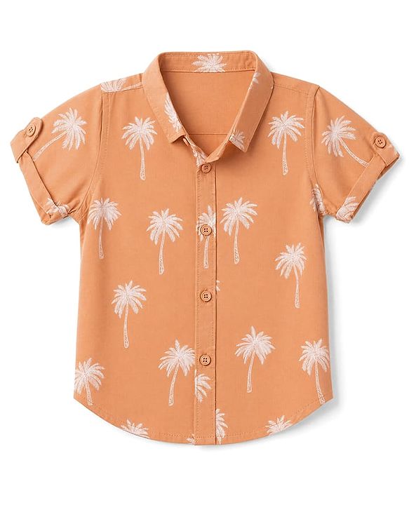 Babyhug 100% Cotton Woven Half Sleeves Shirt with Palm Tree Print - Peach