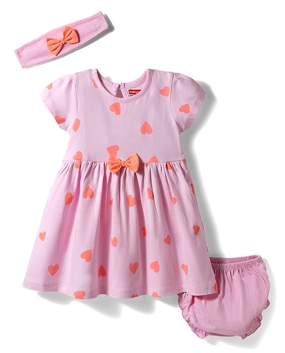 Babyhug Single Jersey Knit Half Sleeves Heart Printed Frock with Bow Applique Bloomer & Headband - Pink