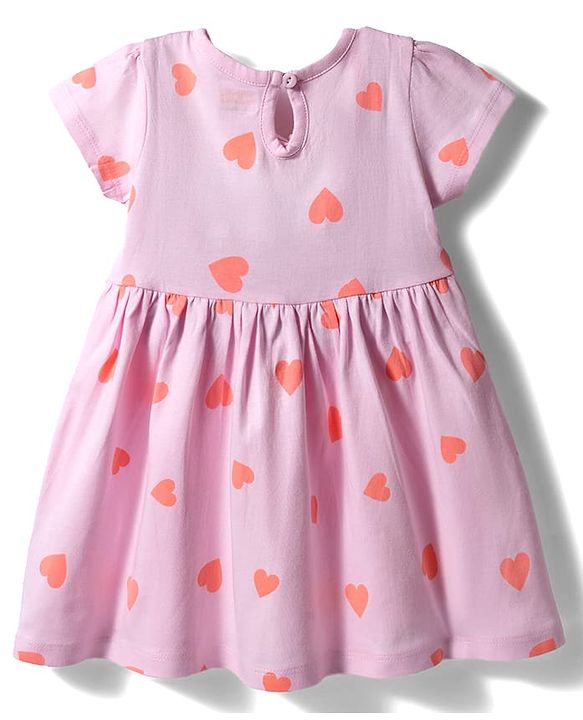 Babyhug Single Jersey Knit Half Sleeves Heart Printed Frock with Bow Applique Bloomer & Headband - Pink