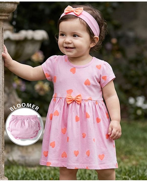 Babyhug Single Jersey Knit Half Sleeves Heart Printed Frock with Bow Applique Bloomer & Headband - Pink