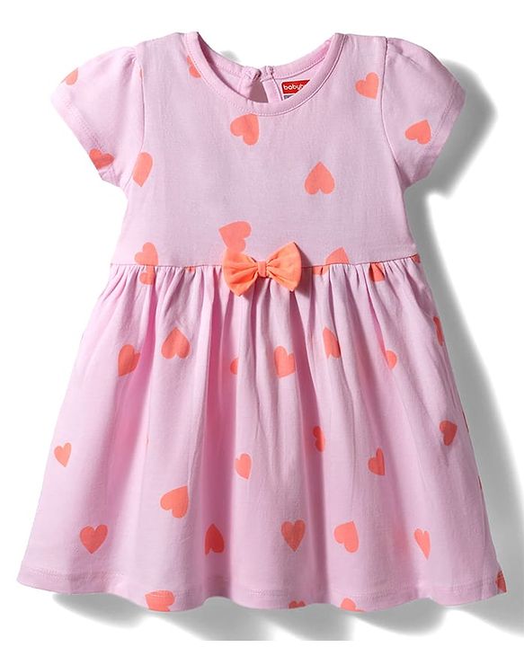 Babyhug Single Jersey Knit Half Sleeves Heart Printed Frock with Bow Applique Bloomer & Headband - Pink