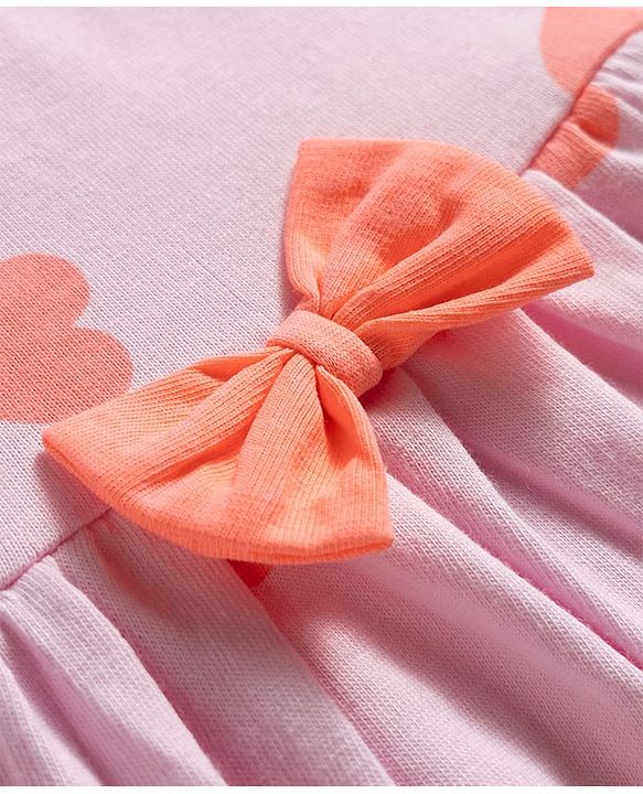 Babyhug Single Jersey Knit Half Sleeves Heart Printed Frock with Bow Applique Bloomer & Headband - Pink