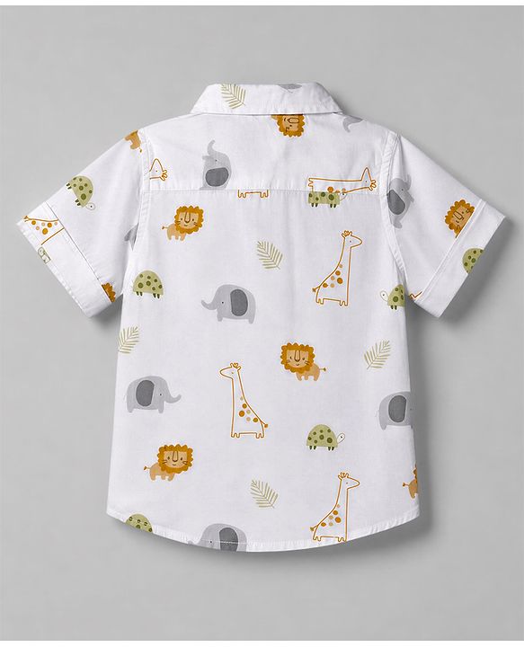 Babyhug 100% Cotton Woven Half Sleeves Shirt with Animal Print - White