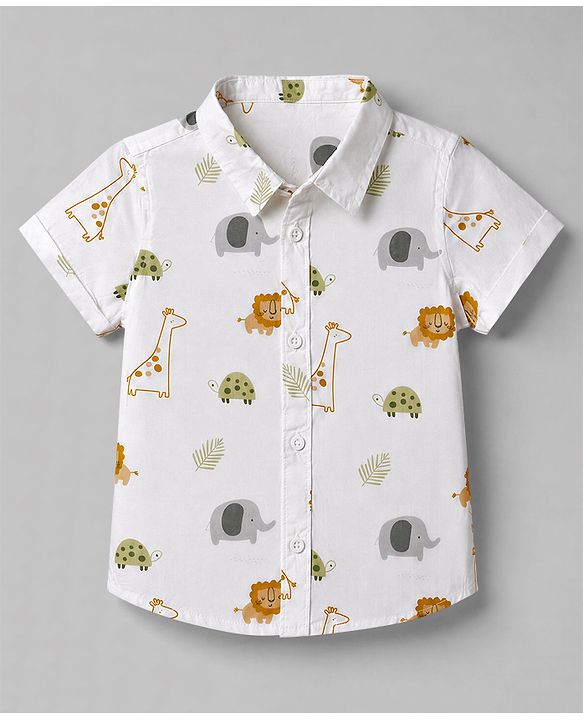 Babyhug 100% Cotton Woven Half Sleeves Shirt with Animal Print - White