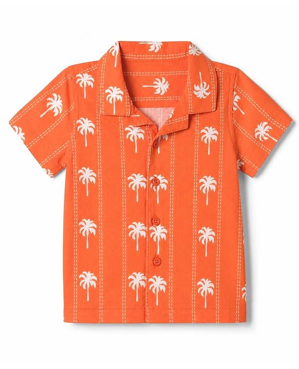 Babyhug Half Sleeve 100% Cotton Woven Resort Collar Printed Shirt with Palm Tree Print -Orange