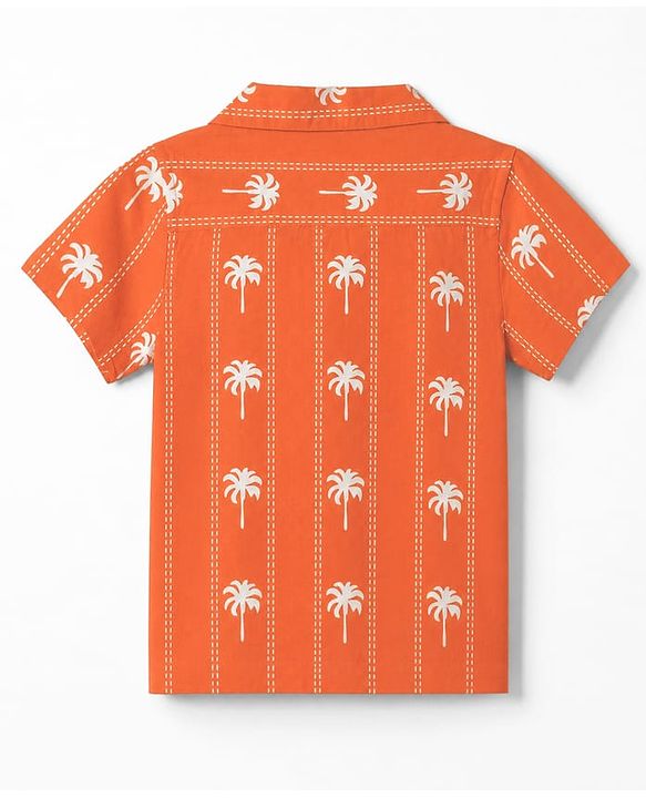 Babyhug Half Sleeve 100% Cotton Woven Resort Collar Printed Shirt with Palm Tree Print -Orange