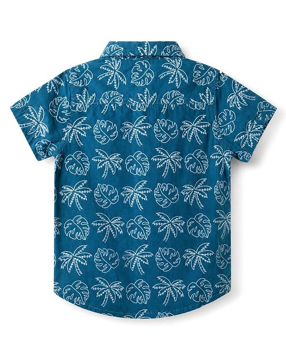 Babyhug 100% Cotton Woven Regular Collar Shirt with Half Sleeves and Palm Trees and Monstera Leaves Print in Blue