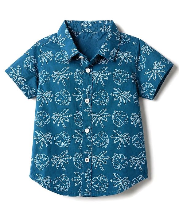 Babyhug 100% Cotton Woven Regular Collar Shirt with Half Sleeves and Palm Trees and Monstera Leaves Print in Blue