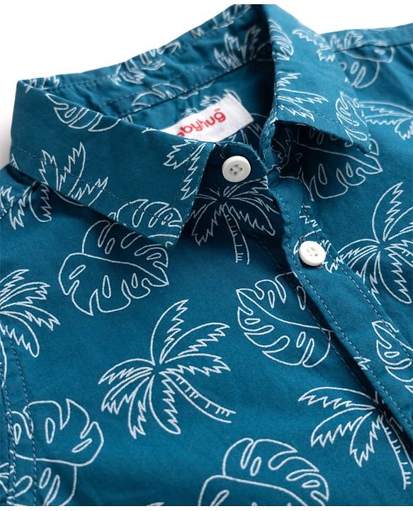 Babyhug 100% Cotton Woven Regular Collar Shirt with Half Sleeves and Palm Trees and Monstera Leaves Print in Blue