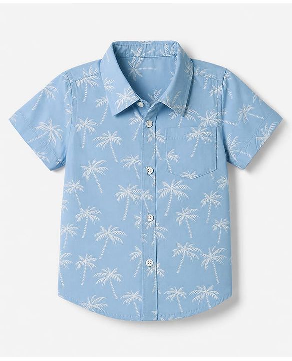 Babyhug 100% Cotton Woven Half Sleeves Shirt with Palm Tree Print - Blue