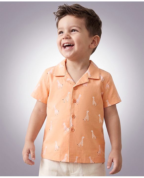 Babyhug 100% Cotton Woven Half Sleeves Shirt with Giraffe Print - Peach