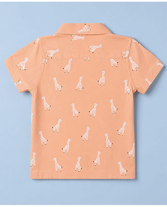 Babyhug 100% Cotton Woven Half Sleeves Shirt with Giraffe Print - Peach