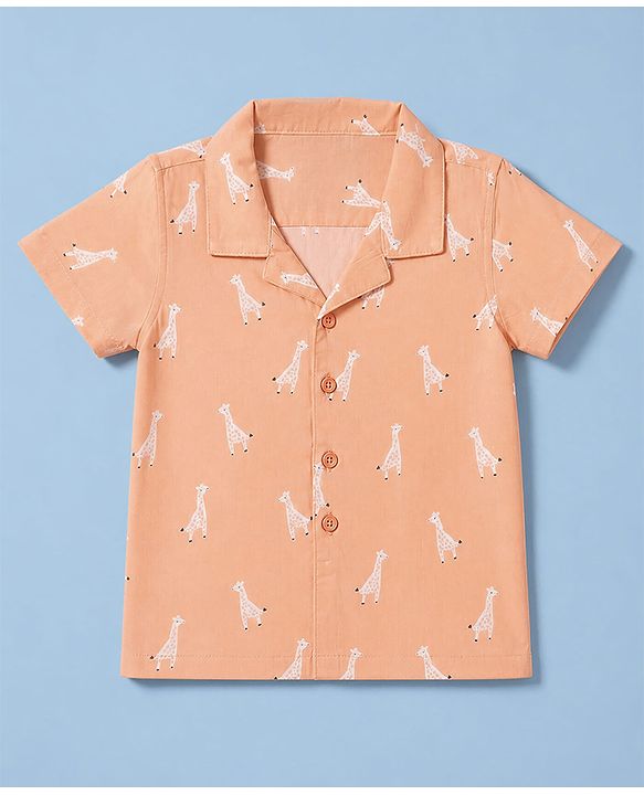 Babyhug 100% Cotton Woven Half Sleeves Shirt with Giraffe Print - Peach