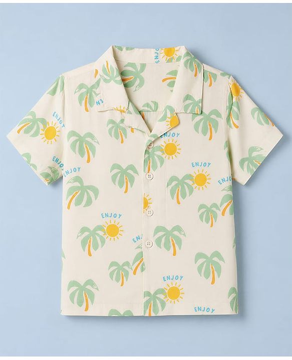 Babyhug 100% Cotton Woven Half Sleeves Shirt with Tropical Theme Print - White