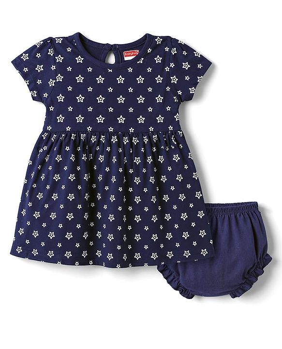 Babyhug Single Jersey Knit Half Sleeves Star Printed Frock With Bloomer - Navy Blue