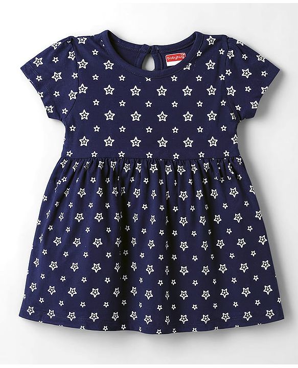 Babyhug Single Jersey Knit Half Sleeves Star Printed Frock With Bloomer - Navy Blue