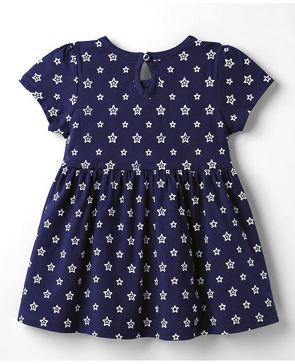 Babyhug Single Jersey Knit Half Sleeves Star Printed Frock With Bloomer - Navy Blue