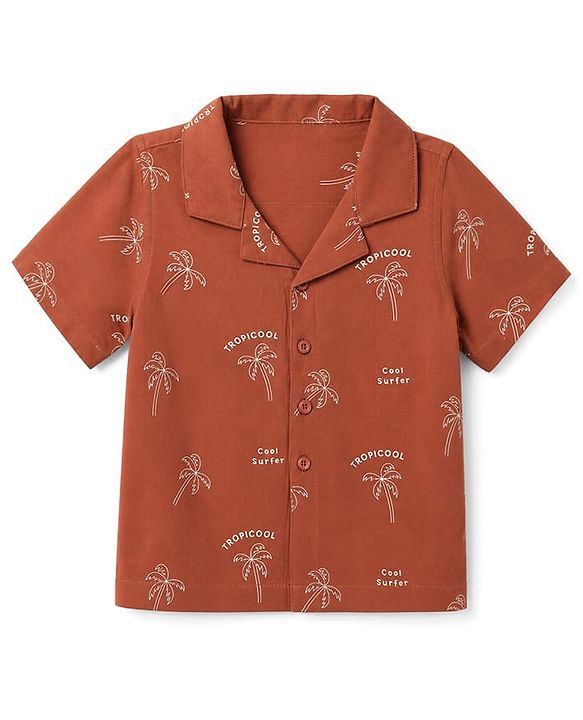 Babyhug 100% Cotton Woven Half Sleeves Shirt with Tropical & Text Print - Rust Orange