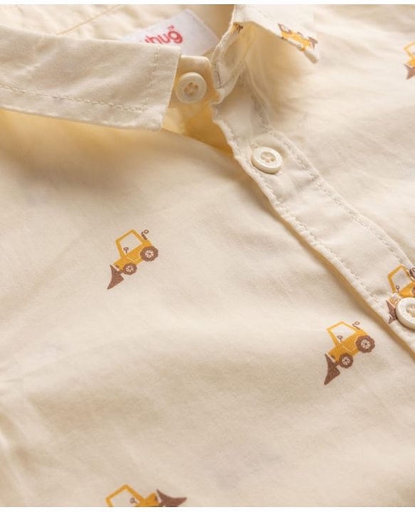 Babyhug 100% Cotton Woven Shirt with Half Sleeves and Bulldozer Print in Offwhite for 9-12 Months