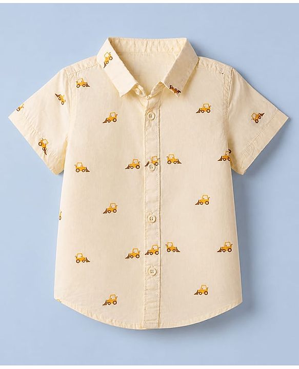 Babyhug 100% Cotton Woven Shirt with Half Sleeves and Bulldozer Print in Offwhite for 9-12 Months
