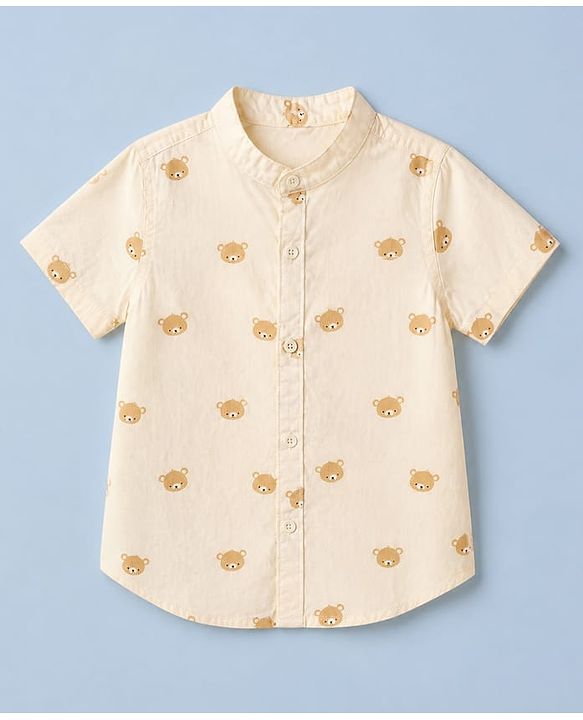 Babyhug 100% Cotton Woven Half Sleeves Shirt with Bear Print in Offwhite