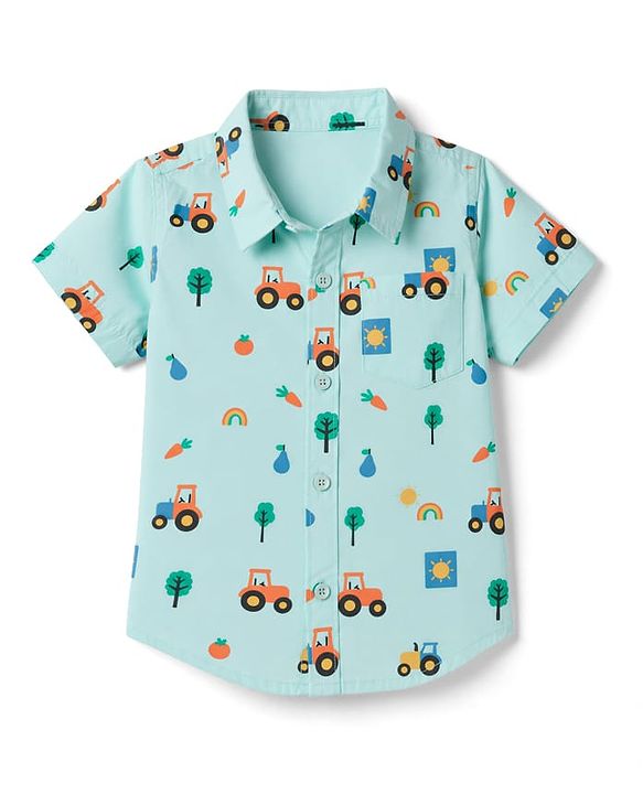 Babyhug 100% Cotton Woven Half Sleeves Shirt with Farm Theme Print - Aqua Blue