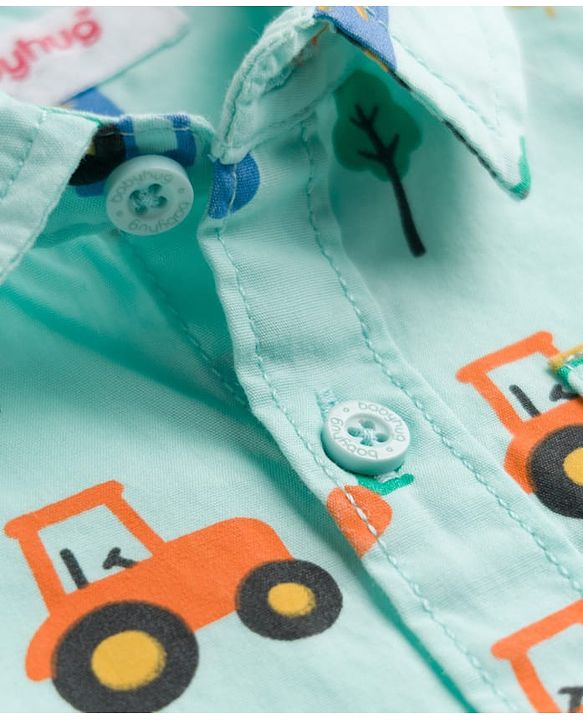 Babyhug 100% Cotton Woven Half Sleeves Shirt with Farm Theme Print - Aqua Blue