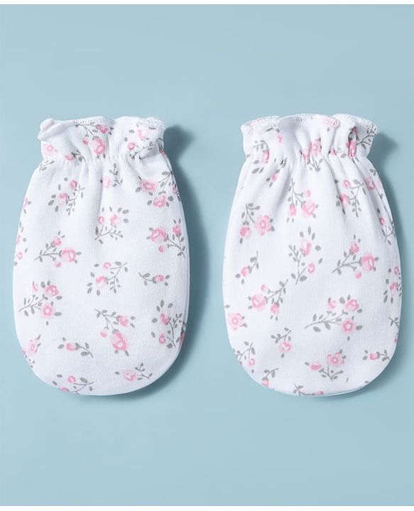 Babyhug 100% Cotton Interlock Knit Mittens & Booties Set With Floral Print - White