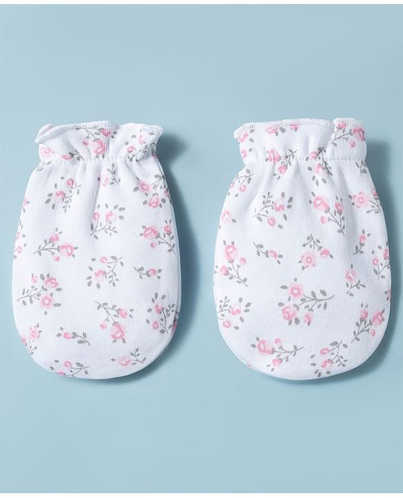 Babyhug 100% Cotton Interlock Knit Mittens & Booties Set With Floral Print - White