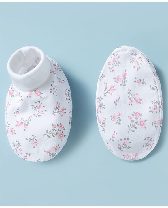 Babyhug 100% Cotton Interlock Knit Mittens & Booties Set With Floral Print - White