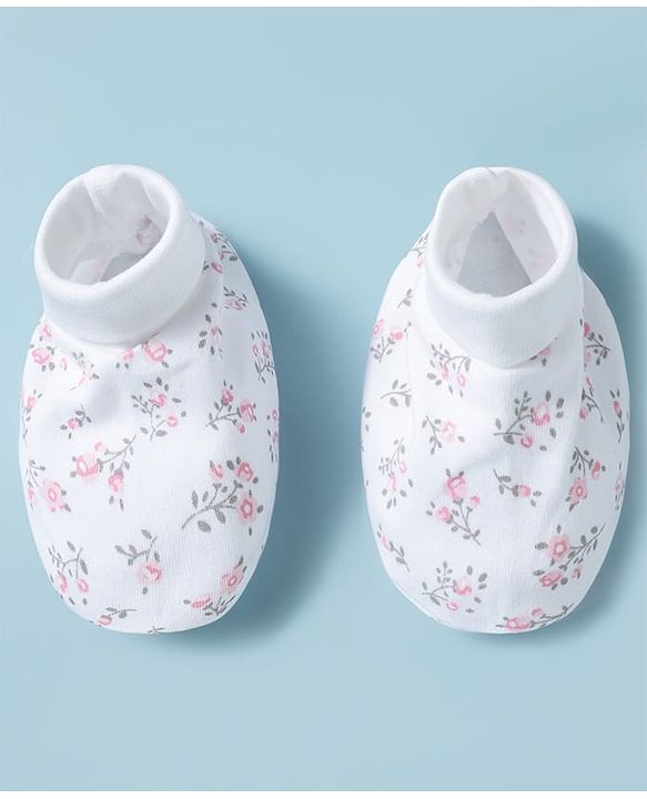 Babyhug 100% Cotton Interlock Knit Mittens & Booties Set With Floral Print - White