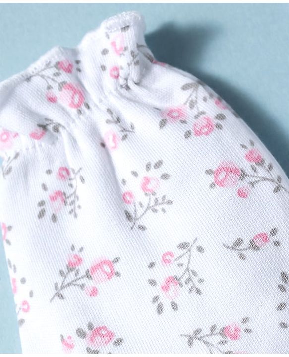 Babyhug 100% Cotton Interlock Knit Mittens & Booties Set With Floral Print - White