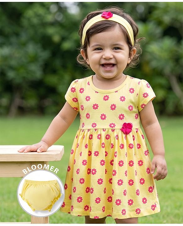 Babyhug Single Jersey Knit Half Sleeves Floral Printed Frock With Bloomer & Headband - Yellow