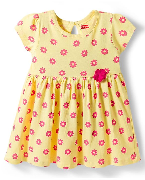 Babyhug Single Jersey Knit Half Sleeves Floral Printed Frock With Bloomer & Headband - Yellow