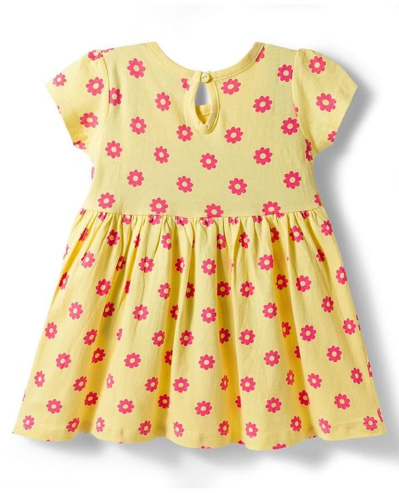 Babyhug Single Jersey Knit Half Sleeves Floral Printed Frock With Bloomer & Headband - Yellow