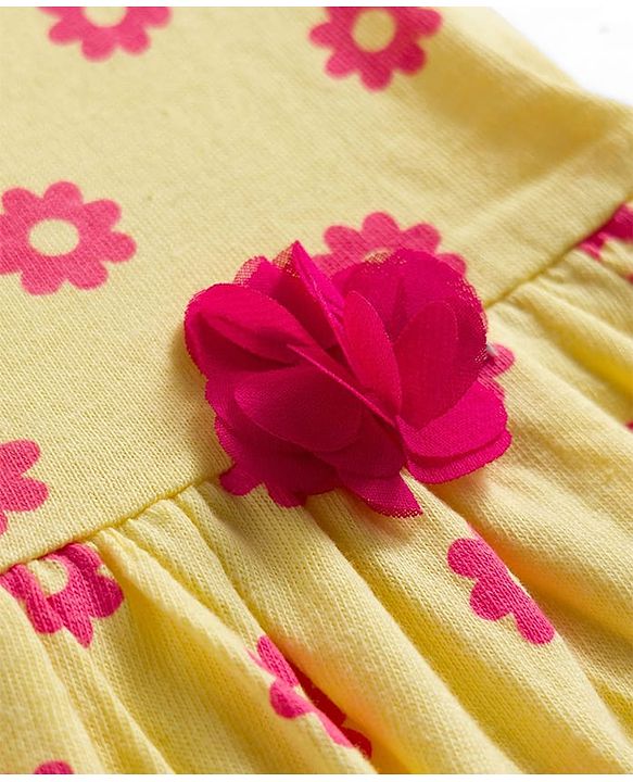 Babyhug Single Jersey Knit Half Sleeves Floral Printed Frock With Bloomer & Headband - Yellow