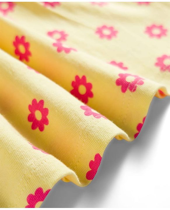 Babyhug Single Jersey Knit Half Sleeves Floral Printed Frock With Bloomer & Headband - Yellow