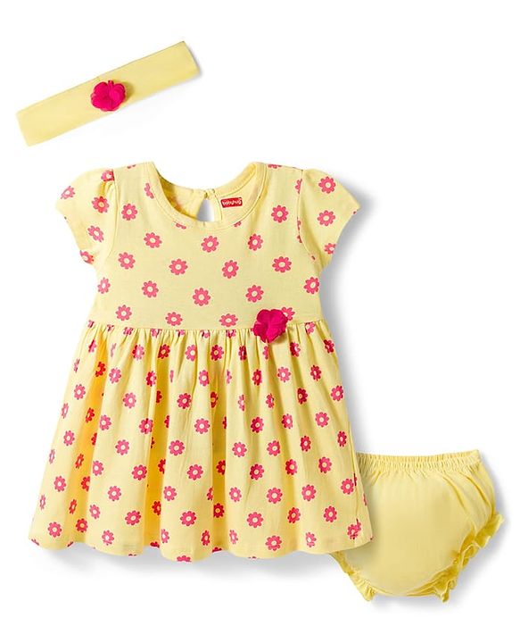 Babyhug Single Jersey Knit Half Sleeves Floral Printed Frock With Bloomer & Headband - Yellow