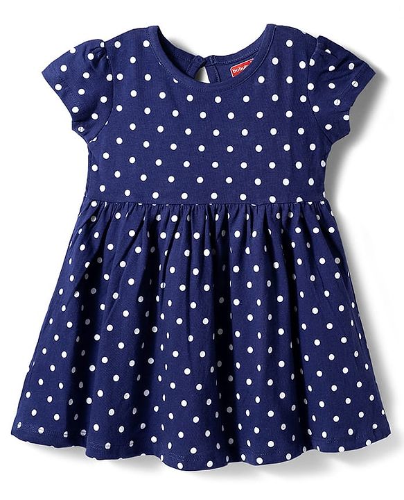 Babyhug Single Jersey Knit Half Sleeves Frock With Polka Dot Print & Bloomer - Navy Blue