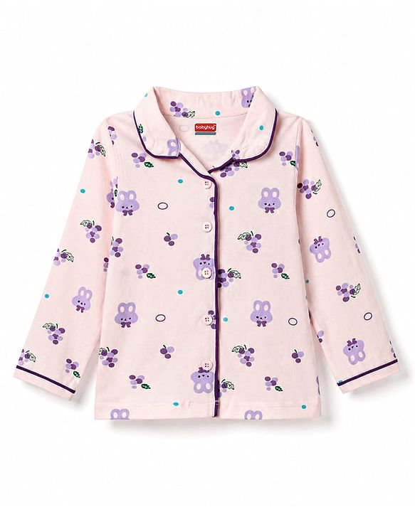 Babyhug Cotton Knit Full Sleeves Bunny Printed Co-ords Shirt & Pyjama Night Suit -Lavender
